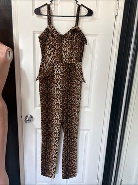 Pinup rockabilly Leopard Print Spaghetti-Strap Jumpsuit - Brown black, sexy